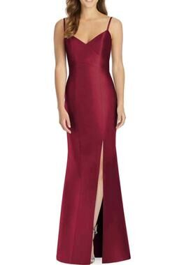 NWT Alfred Sung Surplice Satin Twill Trumpet Burgundy Gown Dress 10